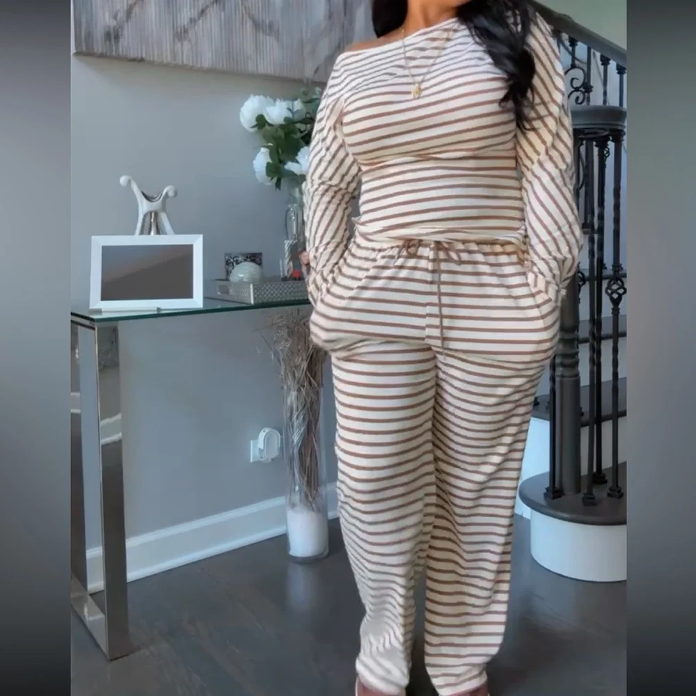 Striped Two-Piece Loungewear Set in Cream and Brown - Picture 3 of 9